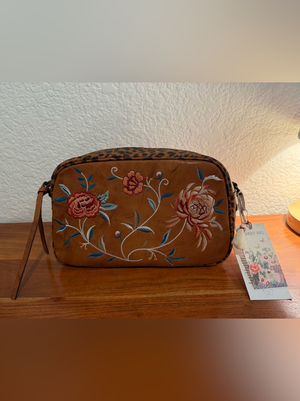 Johnny Was Embroidered Floral Crossbody Bag - Brown & Blue Accents